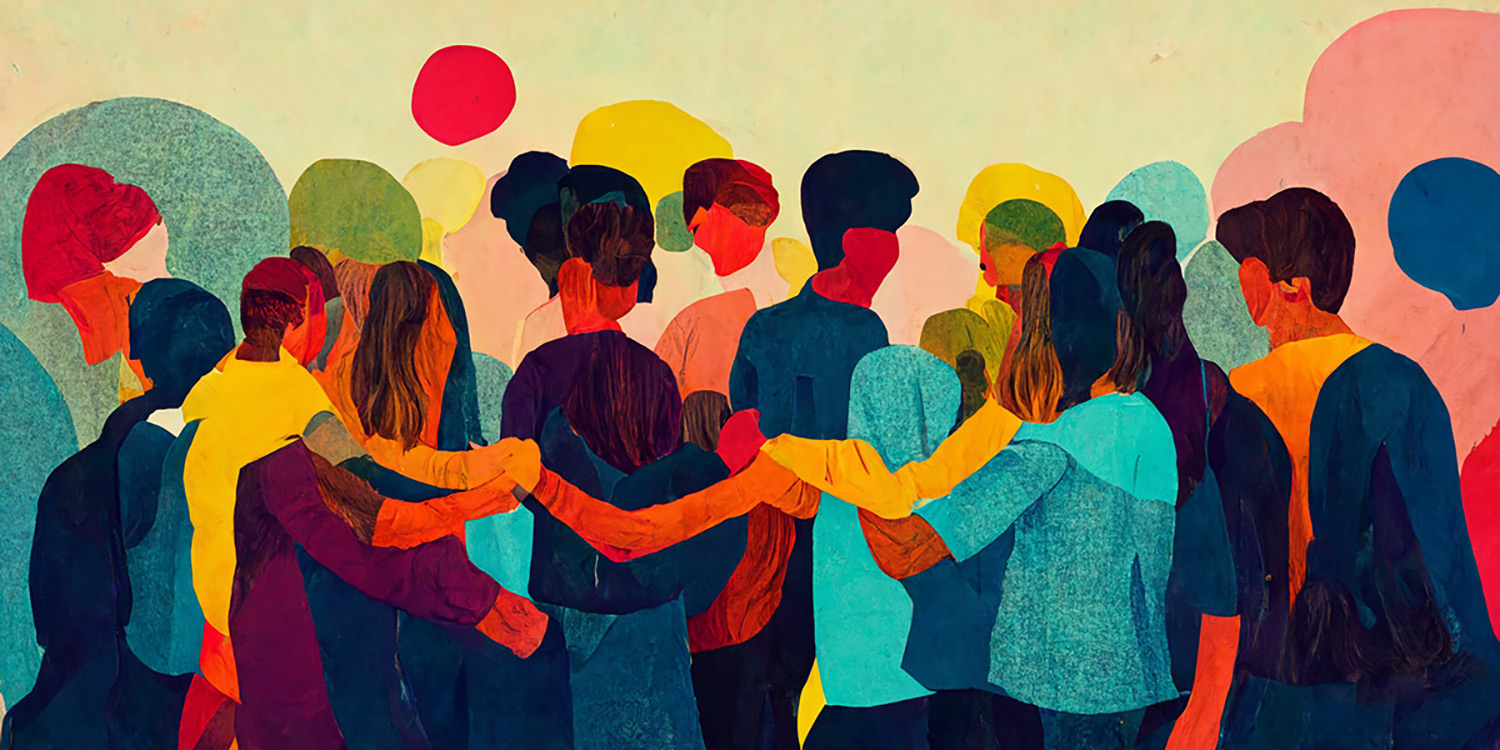 a graphic of people gathered together with arms around each other